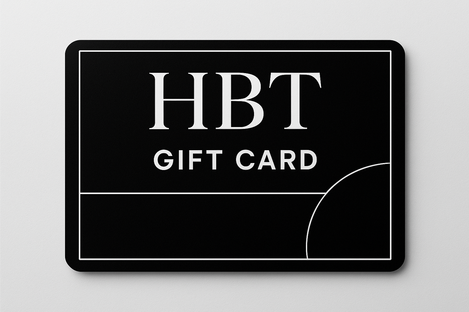 Black and white Modern gift card with "HBT" printed at the top